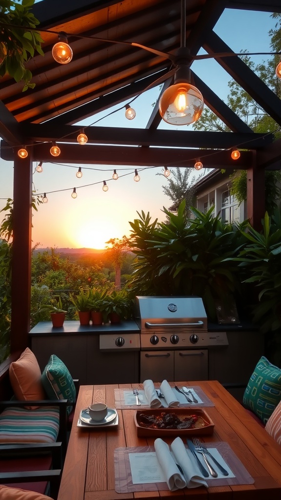A stylish outdoor barbecue area with a grill, seating, and a dining table, decorated with string lights and plants.